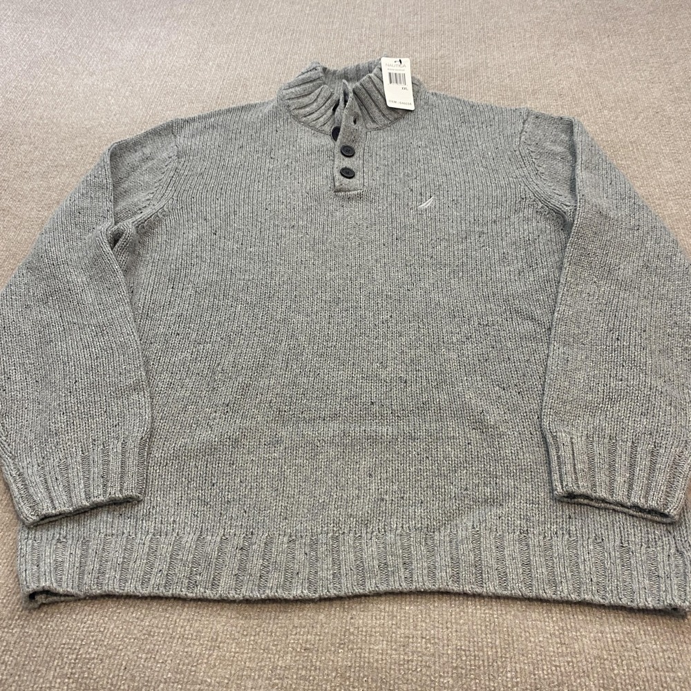 Nautica Sweater Mens 2XL Gray Mock Neck Henley Button Knit Pullover Long Sleeve